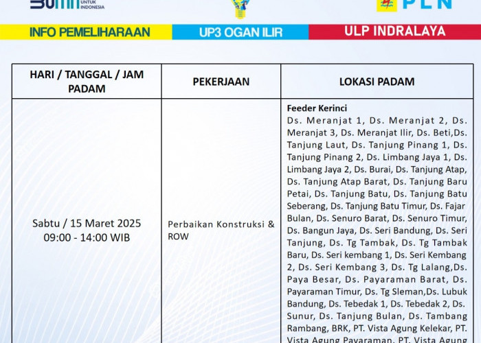 Pemadaman Listrik di Ogan Ilir Hari Ini Selama 5 Jam, PLN Lakukan Perbaikan Konstruksi & Pemeliharaan Jaringan