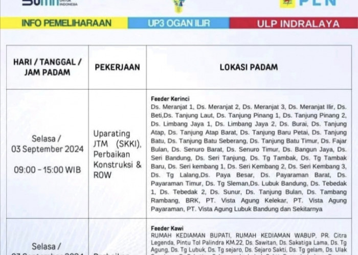 PLN Padamkan Listrik di Ogan Ilir Hari Ini, Rumah Kediaman Bupati Hingga Tol Palindra Terdampak