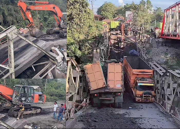 Evakuasi 4 Truk Batubara Nyungsep di Jembatan Muara Lawai Ambruk Dramatis