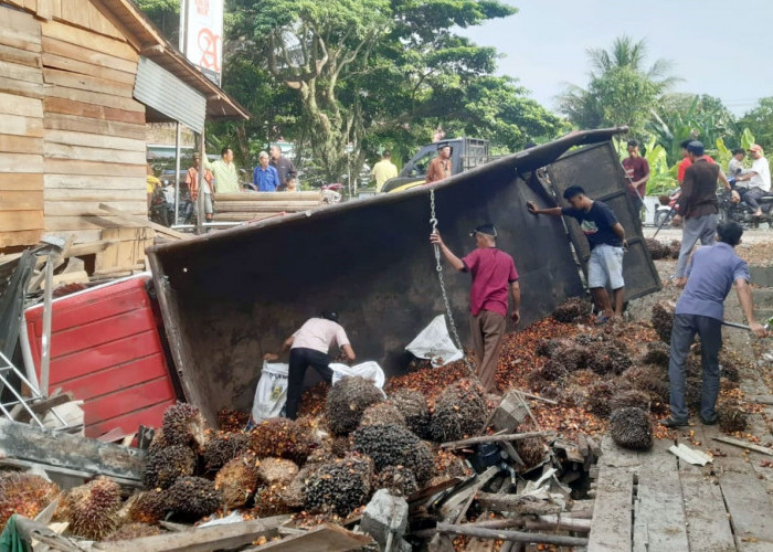 BRAKKK! Ditabrak Truk Pengangkut Obat Nyamuk, Truk Sawit Tergelincir Tabrak Rumah di Tanjung Raja Ogan Ilir