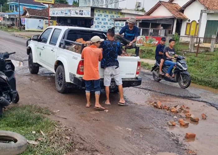 Tak Kunjung Diperbaiki, Warga Tanjung Batu Ogan Ilir Inisiatif Perbaiki Jalan Provinsi yang Rusak