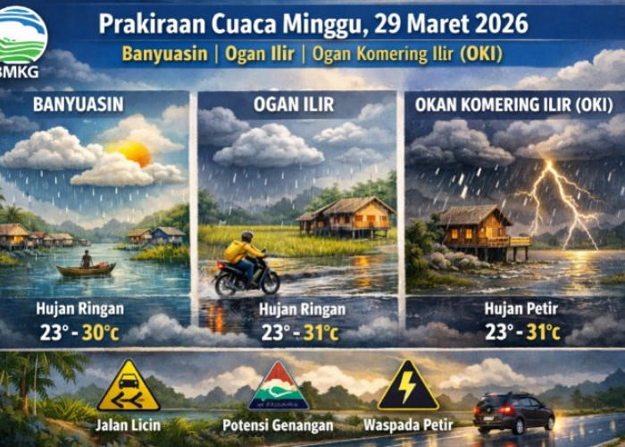 BMKG Rilis Prakiraan Cuaca Minggu 29 Maret 2026: Banyuasin, Ogan Ilir, dan OKI Berpotensi Diguyur Hujan