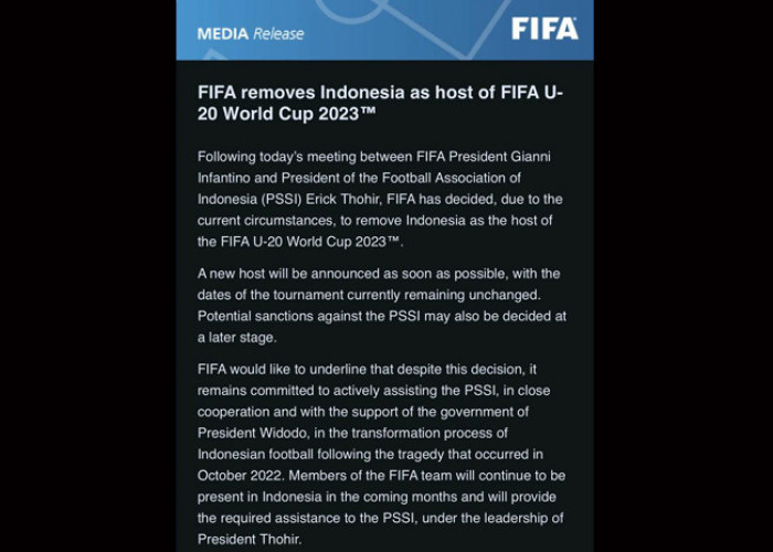 FIFA Resmi Coret Indonesia dari Tuan Rumah Piala Dunia U-20