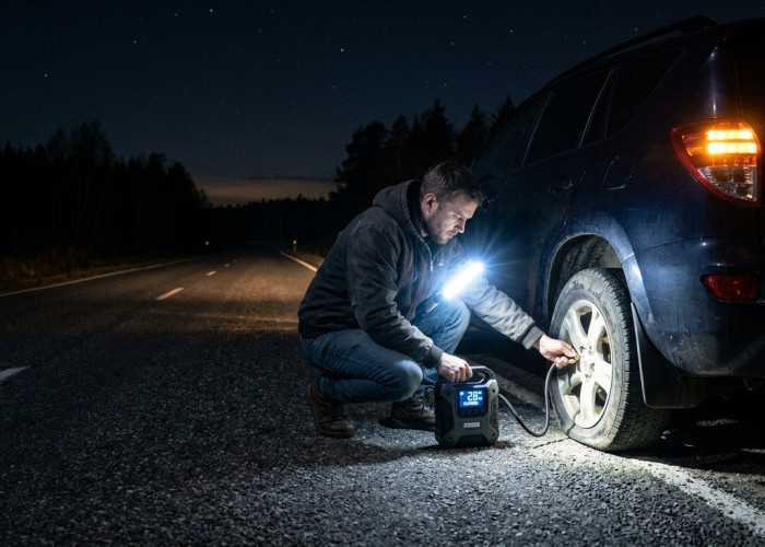 Pompa Ban dengan Lampu SOS Ini Bisa Selamatkan Nyawa? Wajib Dibawa Saat Ganti Ban di Jalur Sepi