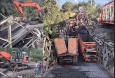 Evakuasi 4 Truk Batubara Nyungsep di Jembatan Muara Lawai Ambruk Dramatis